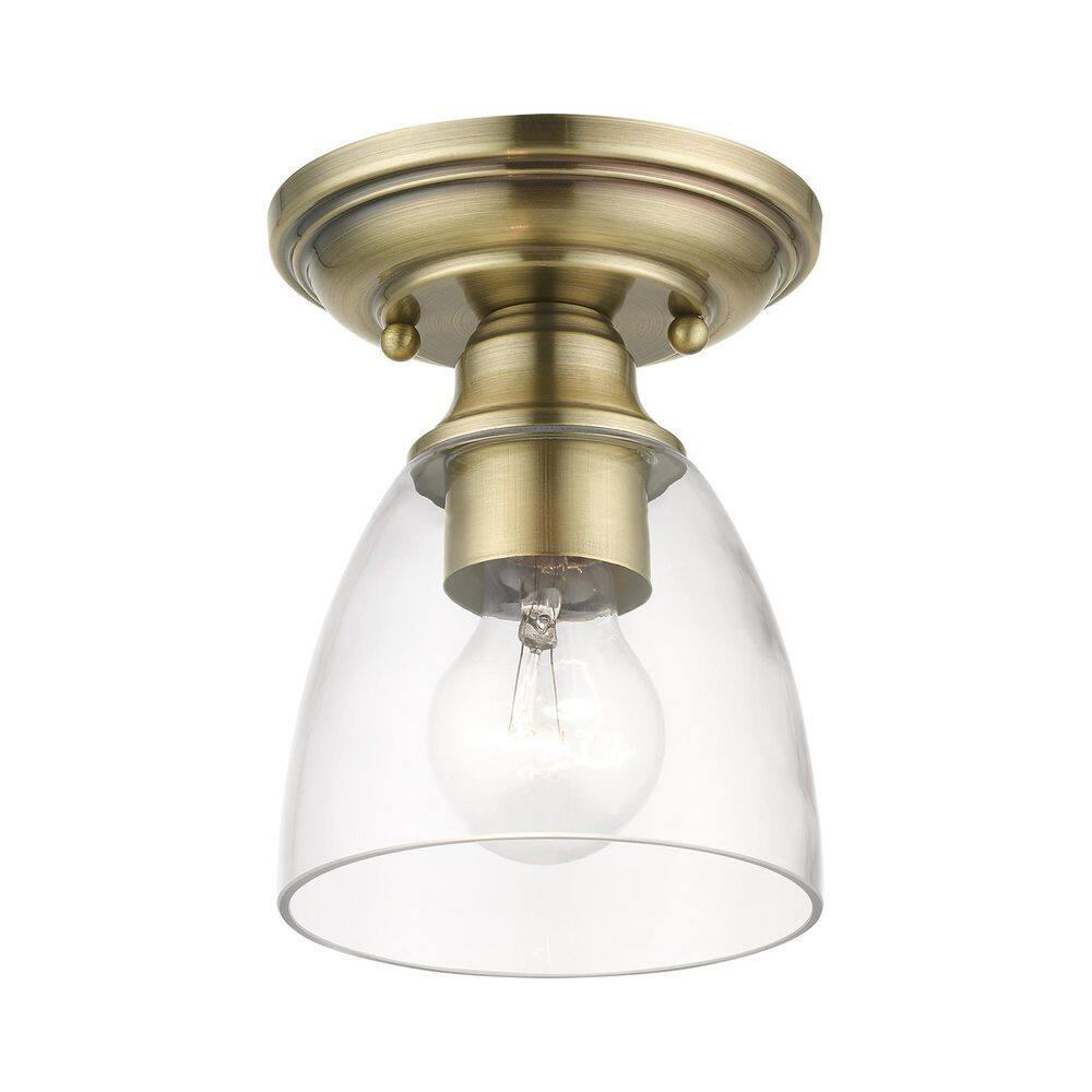 Antique Brass Elegance 1-Light Flush Mount with Hand-Blown Clear Glass
