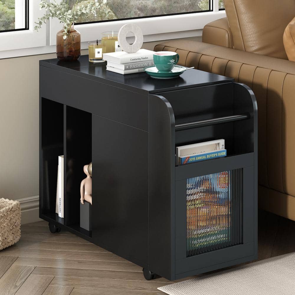 29.1 in. Black Rectangle MDF Multi-Functional End Table, Side Table with Te