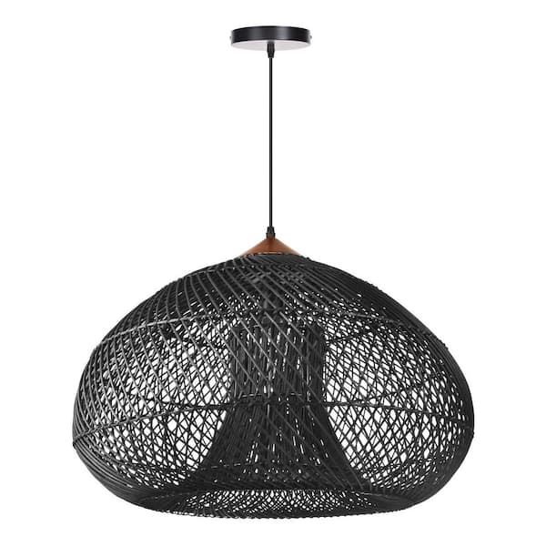 60-Watt 1-Light Black Rattan Hand-Woven Pendant Light with Dome Shape Shade, No Bulbs Included, 24 in.