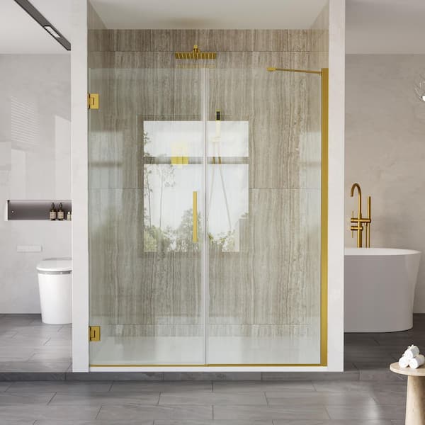 UNIFIT 57-58 in. W x 72 in. H Hinged Frameless Shower Door in Brushed Gold with 3/8 in. SGCC Clear Tempered Glass