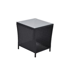 All Weather Black PE Rattan Outdoor Side Coffee Table with Storage Shelf Square Table for Garden Porch Pool