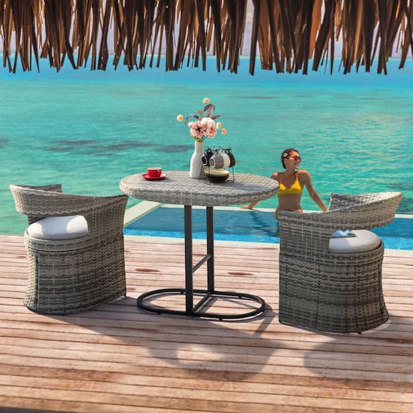 Patio 3-Piece Rattan and Iron Metal Outdoor Bistro Set with Gray Soft. Cushions