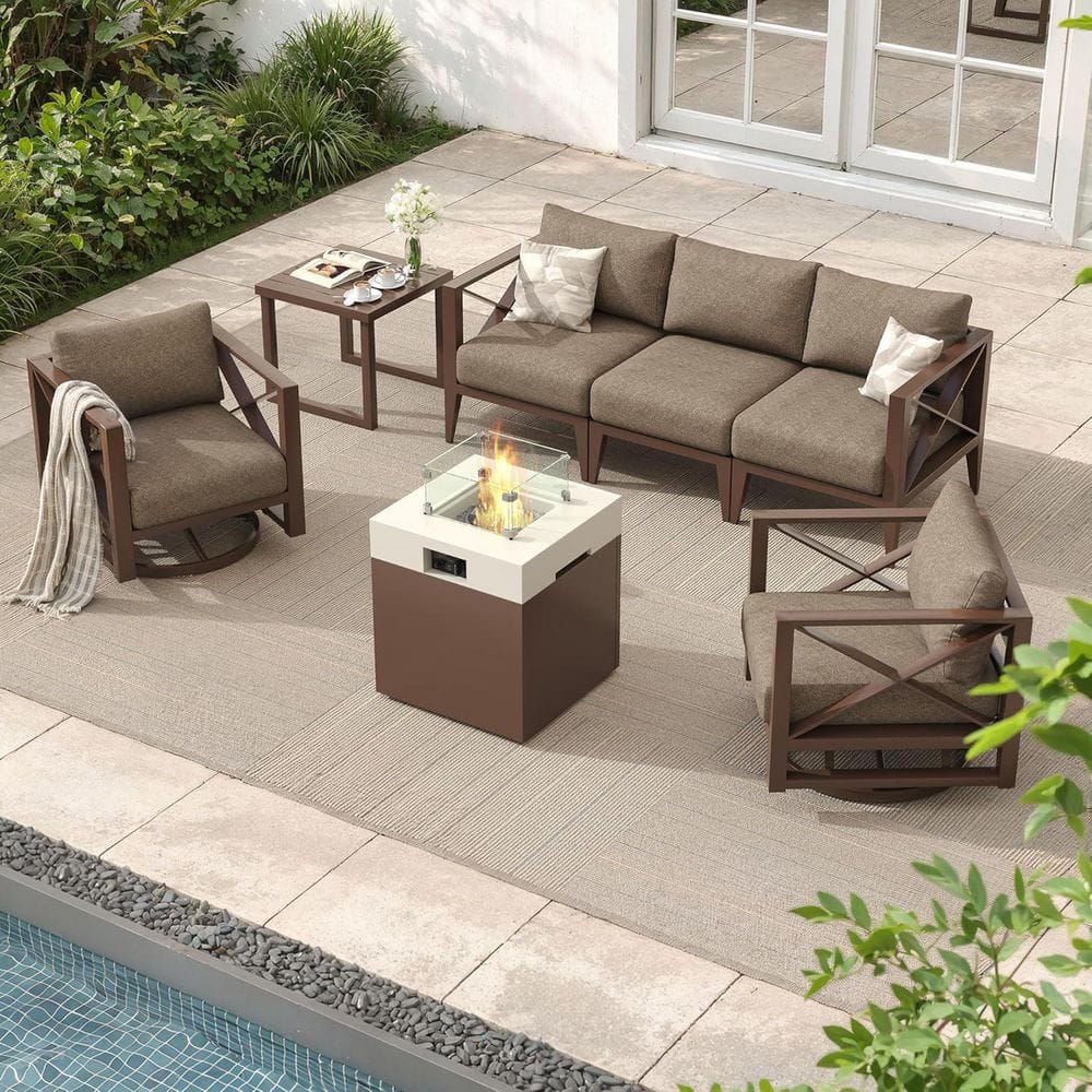 Building Pit Set Maison Backyards MBY Brown 7-Piece Aluminum Patio Fire Pit Set with ...