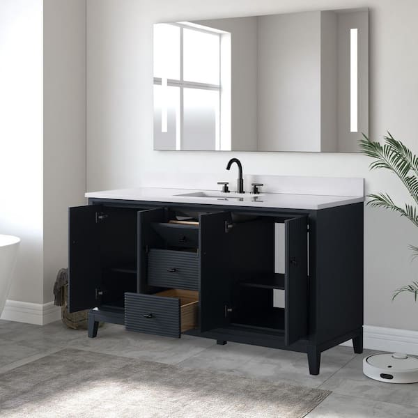 60 in. W x 22 in. D Single Sink Freestanding Vintage Spruce Blue Bath Vanity Cabinet with White Engineered Marble Top