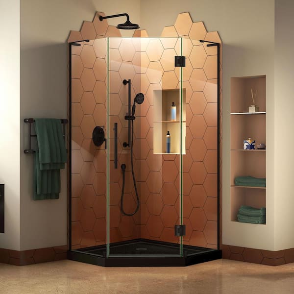 DreamLine Prism Plus 36 in. x 36 in. x 74.75 in. Semi Frameless Neo Angle Hinged Shower Enclosure in Matte Black with Shower Base