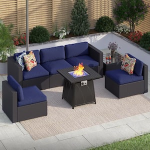 Dark Brown Rattan Wicker 5 Seat 7-Piece Steel Outdoor Fire Pit Patio Set with Blue Cushions and Square Fire Pit Table
