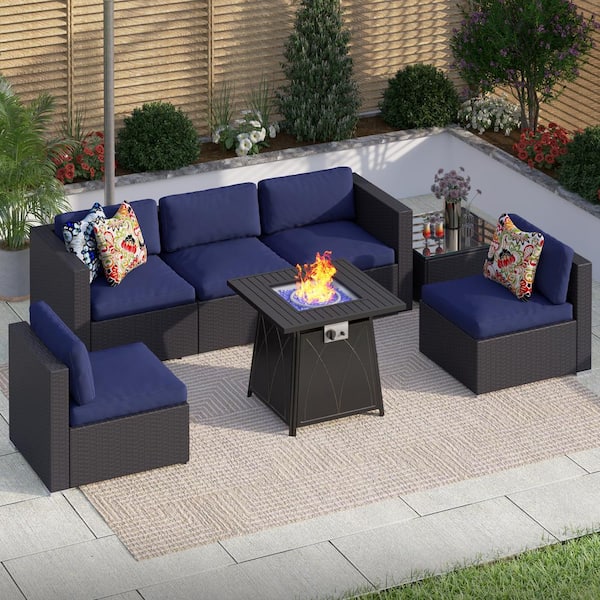 PHI VILLA Dark Brown Rattan Wicker 5 Seat 7-Piece Steel Outdoor Fire Pit Patio Set with Blue Cushions and Square Fire Pit Table
