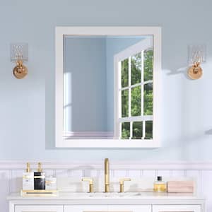 28 in. W x 32 in. H Rectangular Solid Wood Framed Beveled Wall Bathroom Vanity Mirror in White with Golden Line