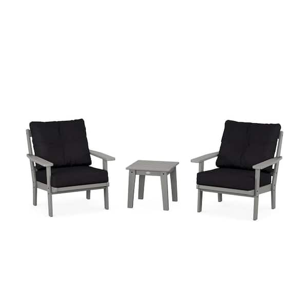 POLYWOOD Oxford 3-Pcs Plastic Patio Conversation Set in Slate Grey/Midnight Linen Cushions