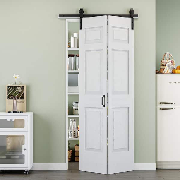 40 in. x 84 in. 6 Panel Bi-Fold Barn Door White Primed MDF Sliding Barn Door with Hardware Kit for Bathroom