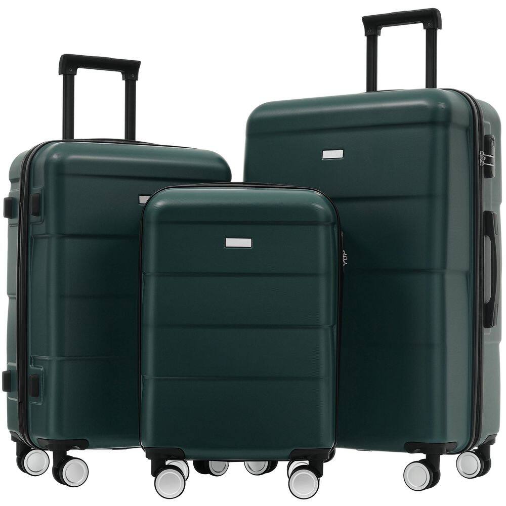 3-Bags 3-Piece Dark Green ABS Hardshell Double Spinner Luggage Set with TSA Lock