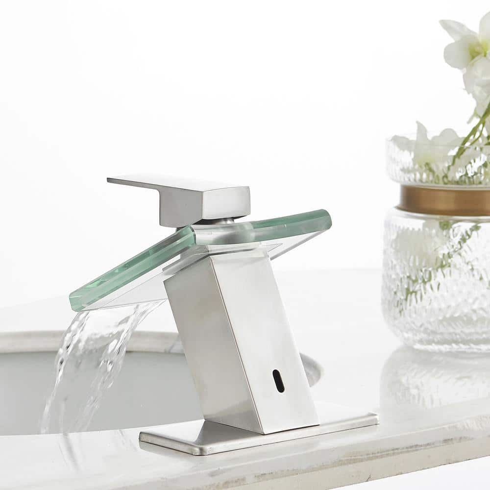 Brushed Nickel Glass Waterfall Single Handle Bathroom Faucet