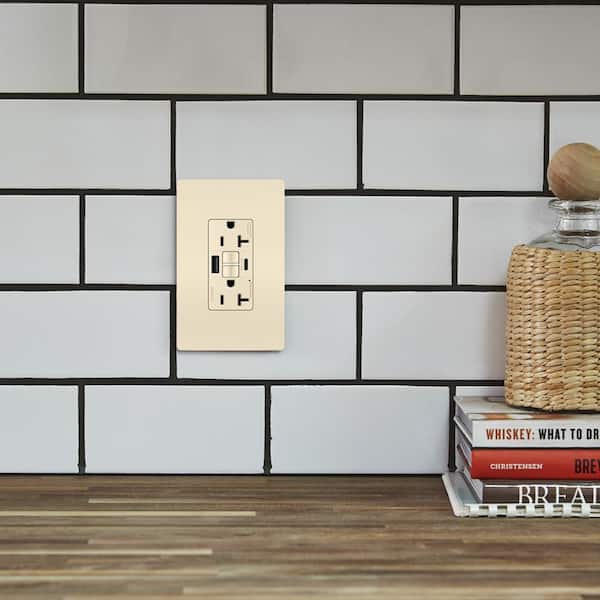 radiant 20 Amp 125-Volt Tamper Resistant Self-Test GFCI Duplex Outlet with Type A/C USB, Light Almond