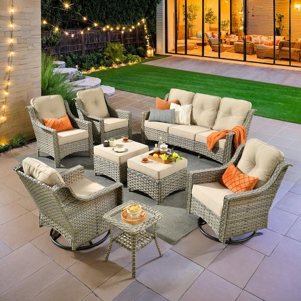 Blanche 8-Piece Wicker Patio Conversation Seating Sofa Set with Beige Cushions and Swivel Rocking Chairs