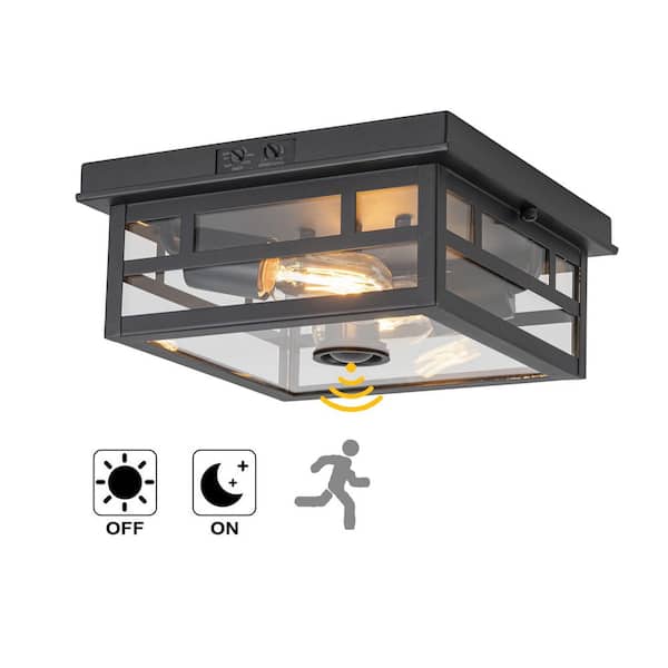 10.5 in. 2-Light Black Motion Sensing Non-Dimmable Outdoor No Bulb Included Flush Mount Ceiling Light (1-Pack)