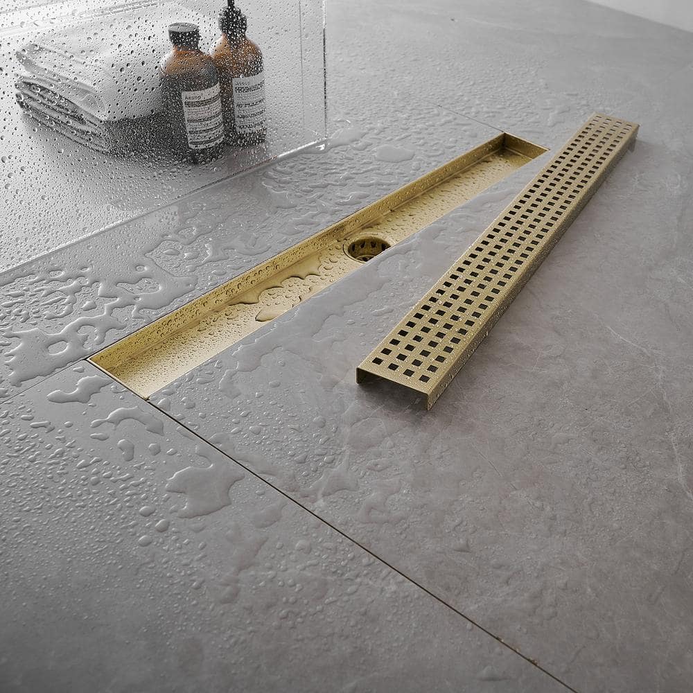 Brushed Gold 24-Inch Stainless Steel Linear Shower Drain with Square Pattern