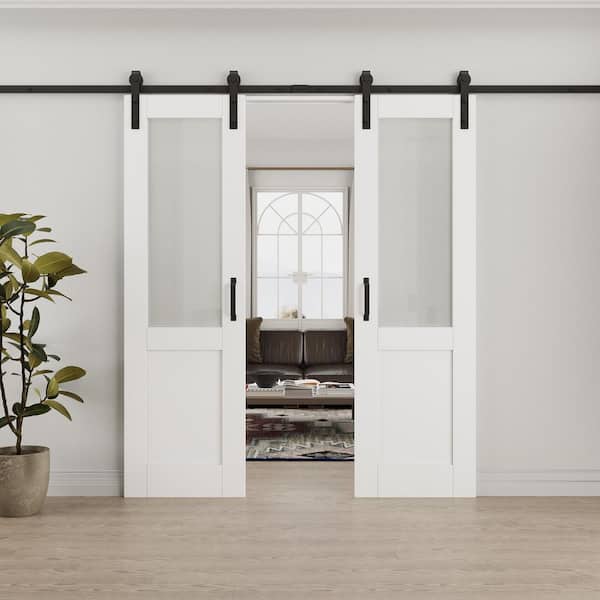 ARK DESIGN 48 in. x 80 in. 1/2-Lite Tempered Frosted Glass White Primed MDF Composite Sliding Barn Door with Hardware Kit