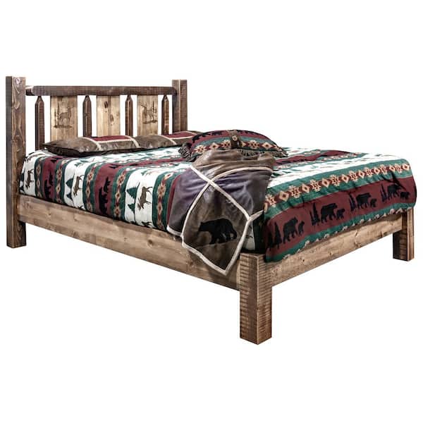 Montana Woodworks Homestead Collection Medium Brown Queen Laser Engraved Elk Motif Platform Bed