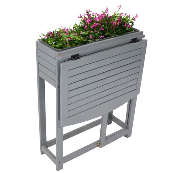 Sunnydaze Acacia Wood Folding Table with Planter Box - Gray