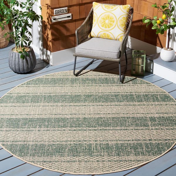 Courtyard Beige/Dark Green 7 ft. x 7 ft. Striped Diamond Indoor/Outdoor Round Area Rug