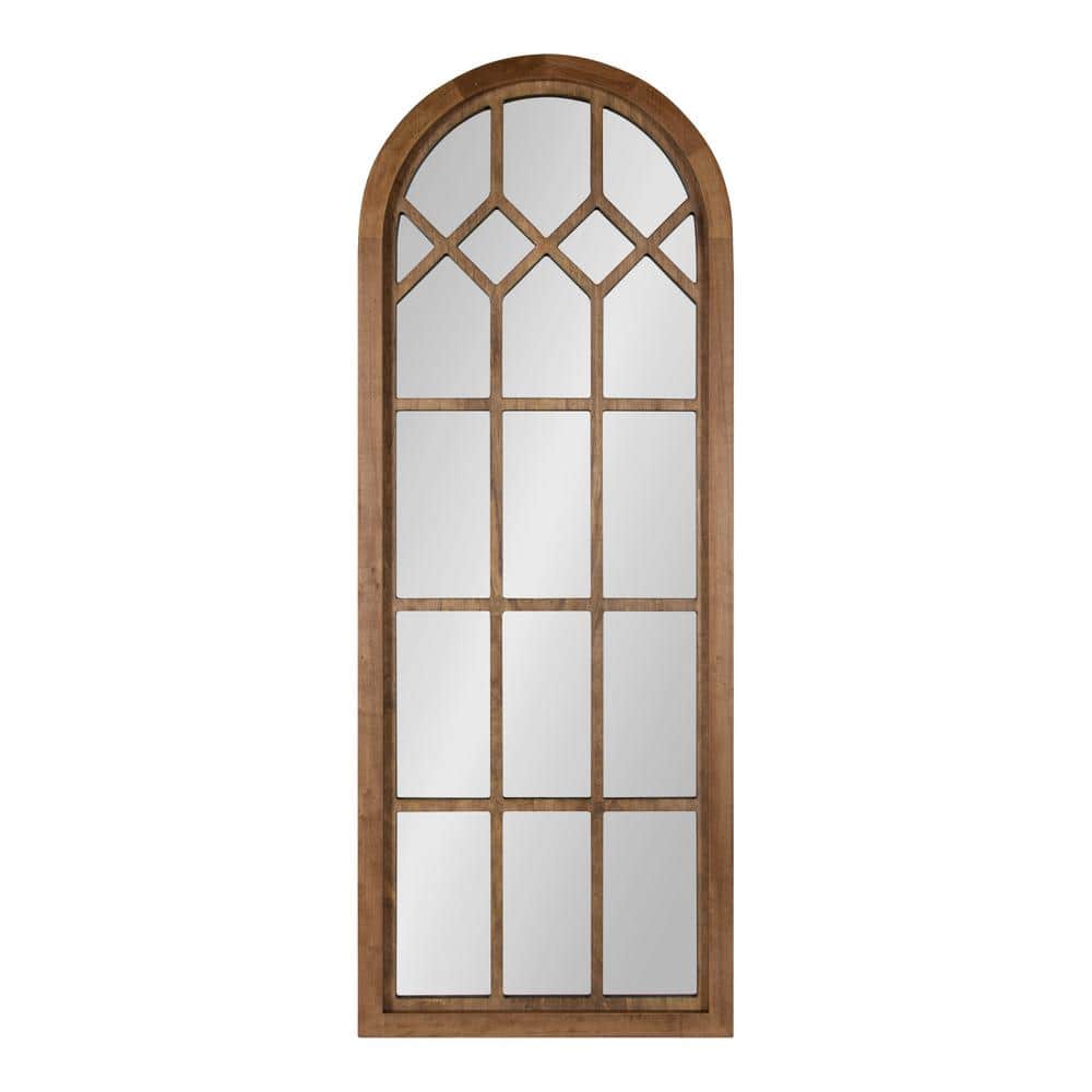 Rustic Brown Arch Wood Framed Windowpane Wall Mirror, 18 x 47