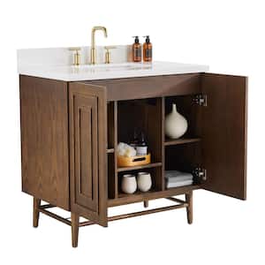 36 in. Solid Wood Freestanding Single Sink Bath Vanity with White Cultured Marble Top, Soft-Close Door, Oak