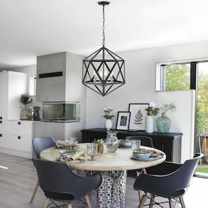 Renzo 4-Light Matte Black Geometric Iron Modern Farmhouse Cage Chandelier with Brushed Nickel Sleeves