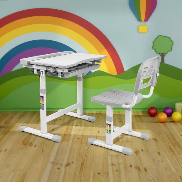 Gymax Height Adjustable Kids Desk Chair Set Study Drawing w/Lamp &  Bookstand Gray 