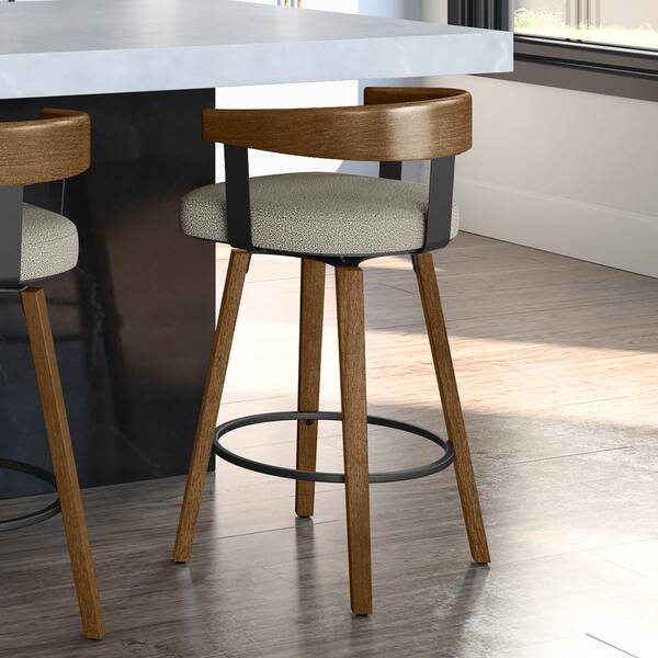 Amisco Cohen 30 in. Light Beige and Grey boucle polyester Light Brown Wood Swivel Bar Stool 44252 30WE 1B25JTF447