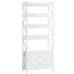 Eulas 70.8 in. Tall White Engineered Wood Bookcase, 5-Shelf Bookshelf with 2-Drawers, Tall Rustic Open Display Shelf