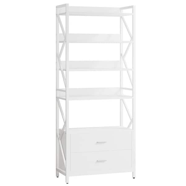 BYBLIGHT Eulas 70.8 in. Tall White Engineered Wood Bookcase, 5-Shelf Bookshelf with 2-Drawers, Tall Rustic Open Display Shelf