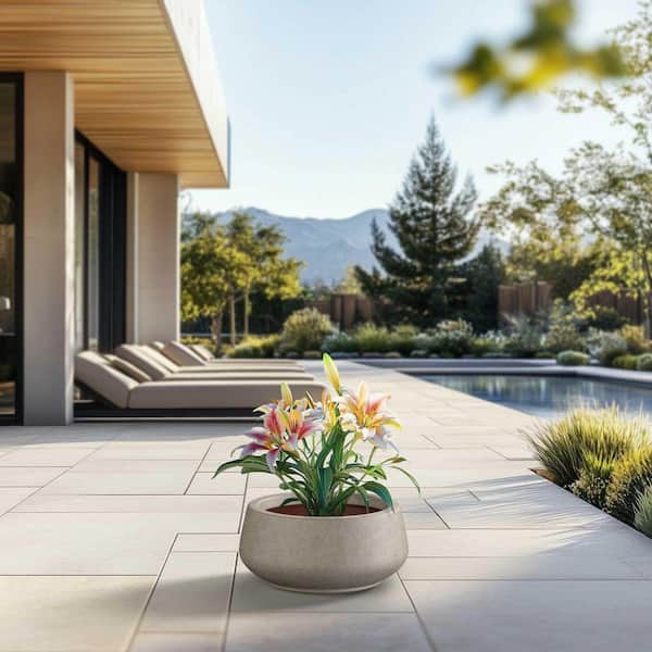 17 in. Medium Light Gray (Enhanced Interior) Concrete Round Planter / Pot with Drainage Holes