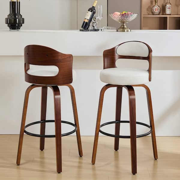 29 in. Off-White Faux Leather Upholstered Wood Frame Swivel Bar Height Bar Stool (Set of 2)