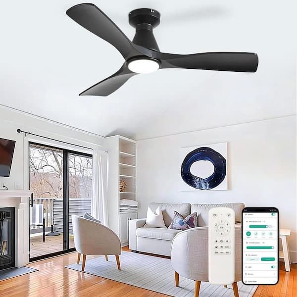 42 in. Black 3 Blade Flush Mount Low Profile Ceiling Fan with Lights Indoor Outdoor Dimmable 3 CCT Included Remote APP
