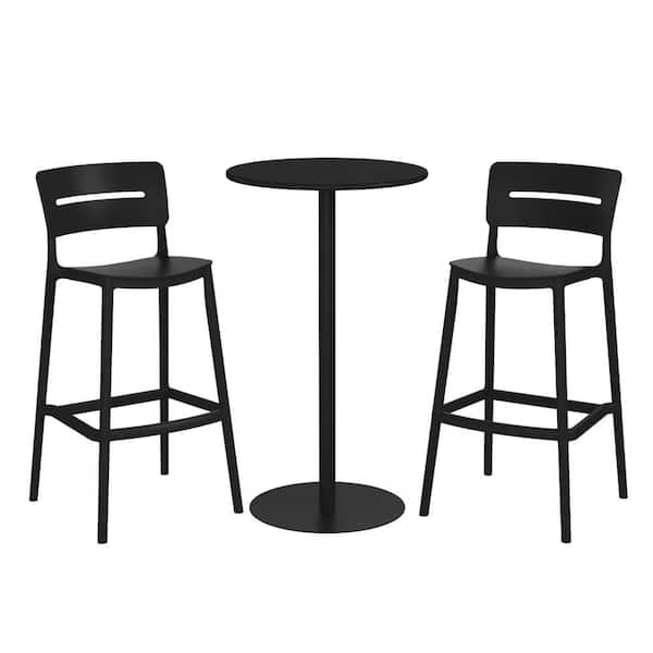 Frond&Form 3-Piece Outdoor Patio All Weather Bar Height Dining Set w/ Round Table and Bistro Chairs, Black