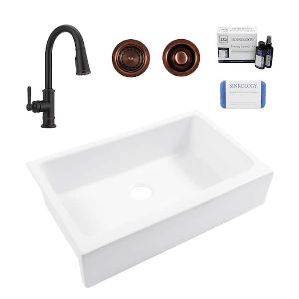 SINKOLOGY Grace 34 in. Quick-Fit Farmhouse Apron Front Undermount Single Bowl White Fireclay Kitchen Sink with Bronze Faucet Kit