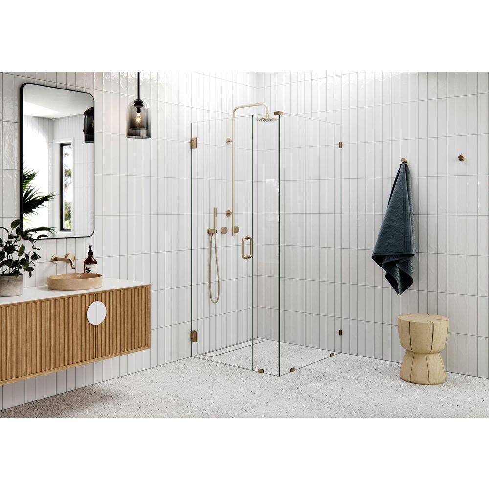 34 in. W x 32 in. D x 78 in. H Pivot Frameless Corner Shower Enclosure in Brushed Bronze Finish with Clear Glass price history on PriceWatchPro