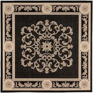 Courtyard Black/Sand 7 ft. x 7 ft. Square Floral Indoor/Outdoor Patio  Area Rug