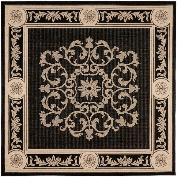 SAFAVIEH Courtyard Black/Sand 8 ft. x 8 ft. Square Floral Indoor/Outdoor Patio  Area Rug