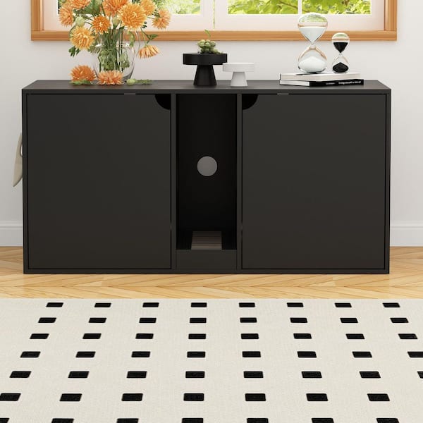 FUFU&GAGA Modern Cat Litter Box Enclosure for 2 Cats, Large Wood Stackable Cat Washroom Cabinet Bench End Table Furniture, Black