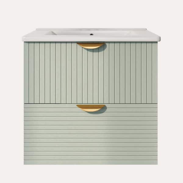 JimsMaison 24 in. W x 18 in. D x 23 in. H Single Sink Floating Bath Vanity in Green with White Ceramic Top