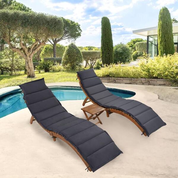 Brown 3-Piece Wood Outdoor Patio Portable Extended Chaise Lounge Set with  Foldable Tea Table and Dark Gray Cushion