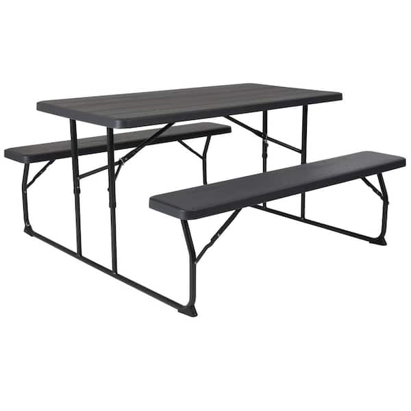 Carnegy Avenue 58.25 in. Charcoal Plastic Tabletop Plastic Seat Folding Table and Bench Set