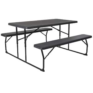 58.25 in. Charcoal Plastic Tabletop Plastic Seat Folding Table and Bench Set