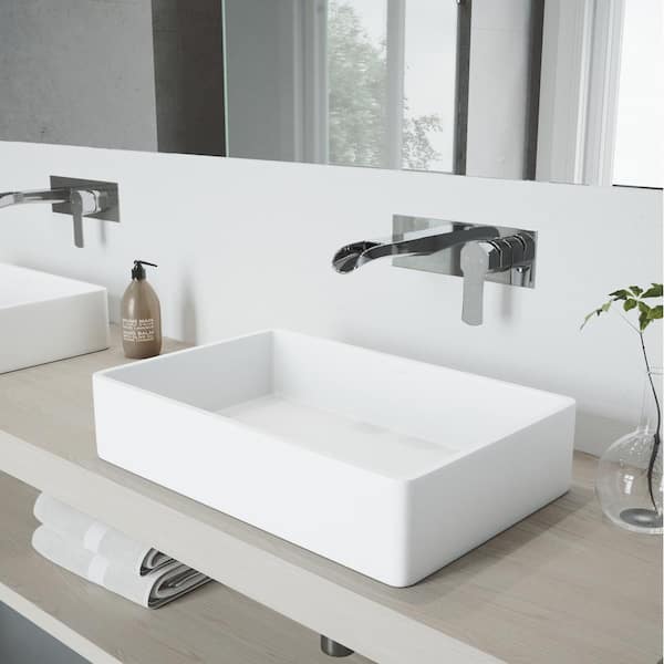 VIGO Matte Stone Magnolia Composite Rectangular Vessel Bathroom Sink in White with Faucet and Pop-Up Drain in Chrome