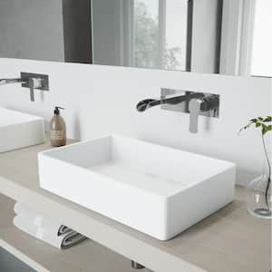Matte Stone Magnolia Composite Rectangular Vessel Bathroom Sink in White with Faucet and Pop-Up Drain in Chrome