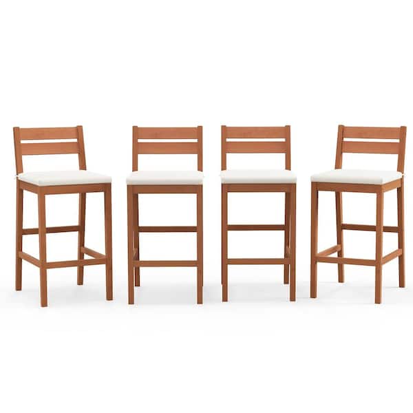 Patio Eucalyptus Wood Outdoor Bar Stools Set of 4 Bar Height Patio Chairs with Beige Cushions
