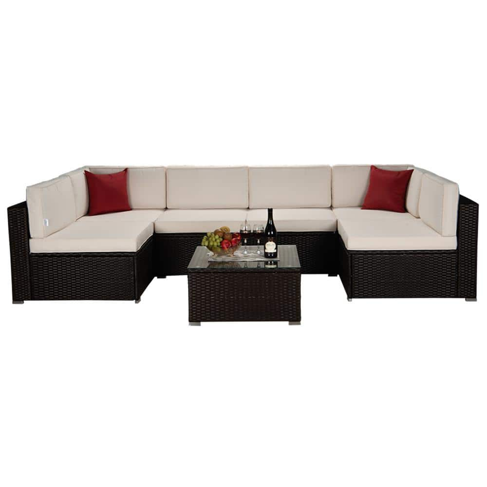 Brown 7-Piece Wicker Patio Conversation Sectional Seating Set with ...