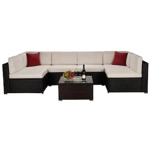 Brown 7-Piece Wicker Patio Conversation Sectional Seating Set with Beige Cushions