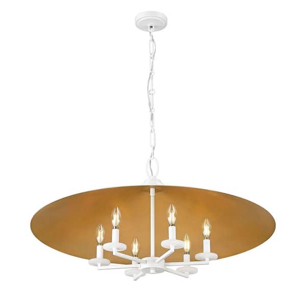 Unbranded - Rialto 32 in. Matte White 6 Light Pendant with Matte White Outer, Signature Rubbed Brass Inner Steel Shade
